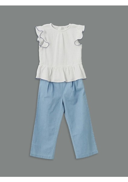 Lcw Kids Beyaz Müslin Pamuklu Kız Çocuk Bluz ve Pantolon 2'li