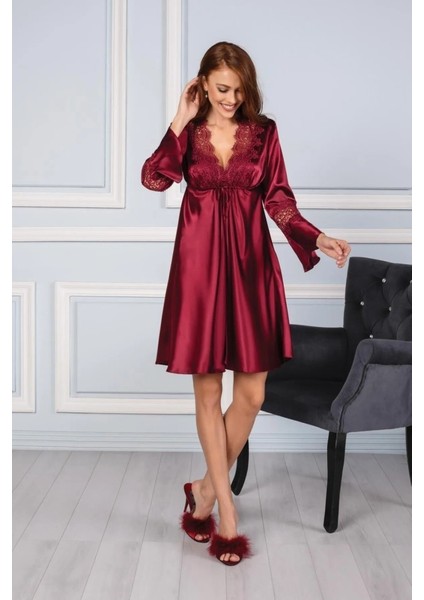 6325 Bordo Kısa Gecelikli Saten 6 Lı Çeyiz Seti