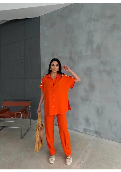Omuz Midye Sıralı Bluz - Paça Pensli Pantolon Takım - Orange