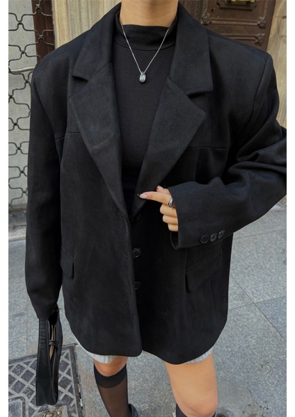 Süet Blazer Ceket 3 Düğme - Siyah