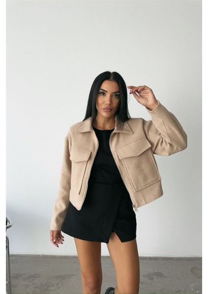 Kaşe Crop Ceket Önden Fermuarlı - Bej