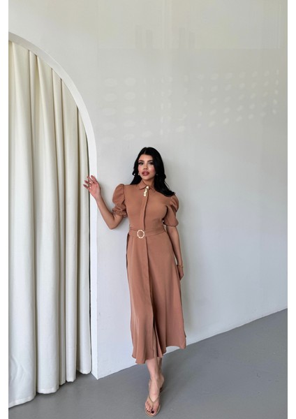 Yaka Düğme Detaylı Elbise - Kahverengi