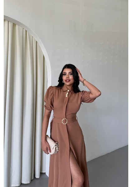 Yaka Düğme Detaylı Elbise - Kahverengi