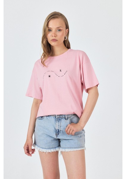 Pembe Yazı Baskılı Oversize Pamuklu Tişört 2150-32M