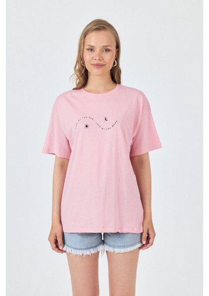 Pembe Yazı Baskılı Oversize Pamuklu Tişört 2150-32M