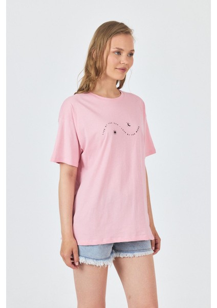 Pembe Yazı Baskılı Oversize Pamuklu Tişört 2150-32M