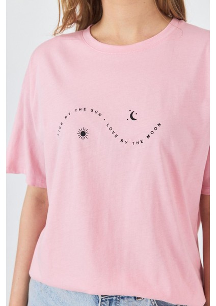 Pembe Yazı Baskılı Oversize Pamuklu Tişört 2150-32M