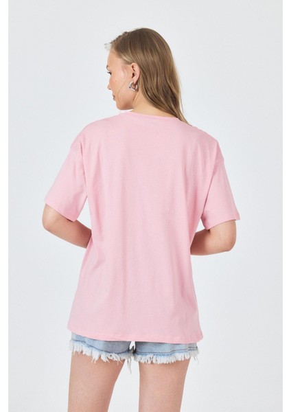 Pembe Yazı Baskılı Oversize Pamuklu Tişört 2150-32M