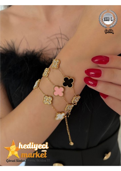 316L Kadın Çelik Bileklik – Taşlı Gold ve Siyah Sedef Yonca Model || HMÇB-0096