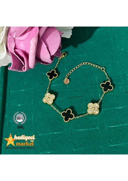 316L Kadın Çelik Bileklik – Taşlı Gold ve Siyah Sedef Yonca Model || HMÇB-0096