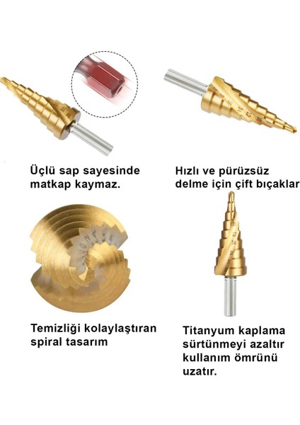 Kademeli Matkap Ucu Şarjlı Matkap Ucu 3 Farklı Boyutta Metal Başlıklı Sac Delme Panç Seti Tornavida indirimleri