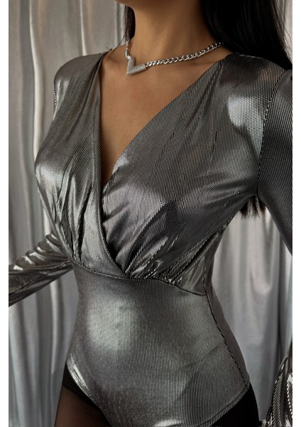 Parlak Kruvaze Bodysuit - Gümüş