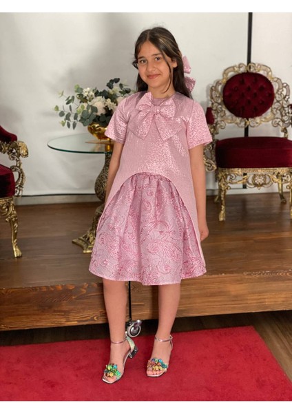 Kabarık Etekli Uzun Ceketli Kız Çocuk Pembe Abiye Takım