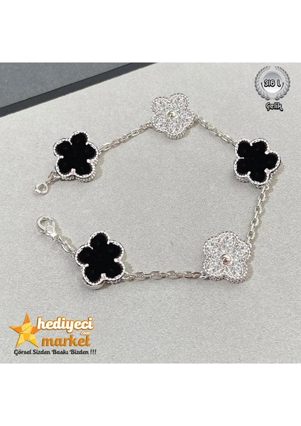 316L Kadın Çelik Bileklik – Taşlı Silver ve Siyah Sedef Yonca Model || HMÇB-0097