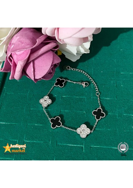 316L Kadın Çelik Bileklik – Taşlı Silver ve Siyah Sedef Yonca Model || HMÇB-0097