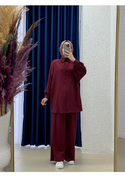 Behin Gömlek Önü Pervazlı Biyelii Dubai Pantolonlu TAKIM-EK-Z-480 Bordo