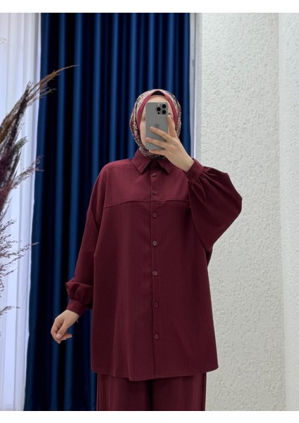 Behin Gömlek Önü Pervazlı Biyelii Dubai Pantolonlu TAKIM-EK-Z-480 Bordo