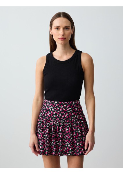 Pembe Rahat Kesim Normal Bel Çiçek Desenli Örme Mini Etek