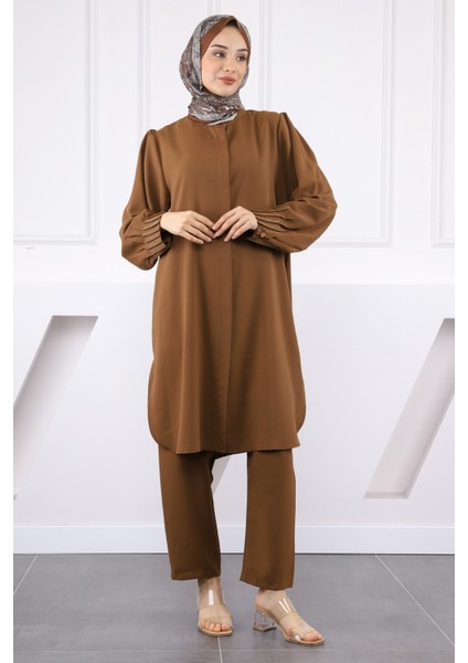 Kahverengi Hakim Yaka Kolu Nervürlü Tunik Pantolonlu Takım fiyatları