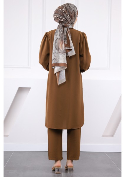 Kahverengi Hakim Yaka Kolu Nervürlü Tunik Pantolonlu Takım modelleri