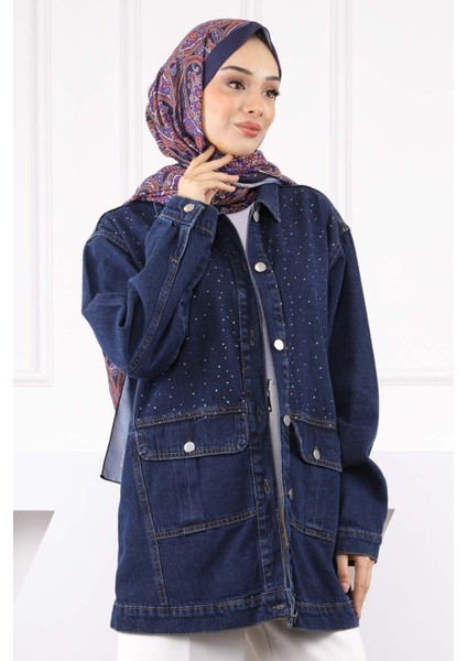 Koyu Mavi Taş Işlemeli Kot Ceket