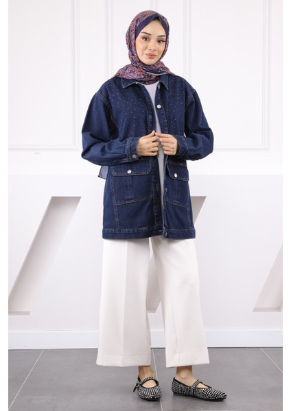 Koyu Mavi Taş Işlemeli Kot Ceket fiyatları