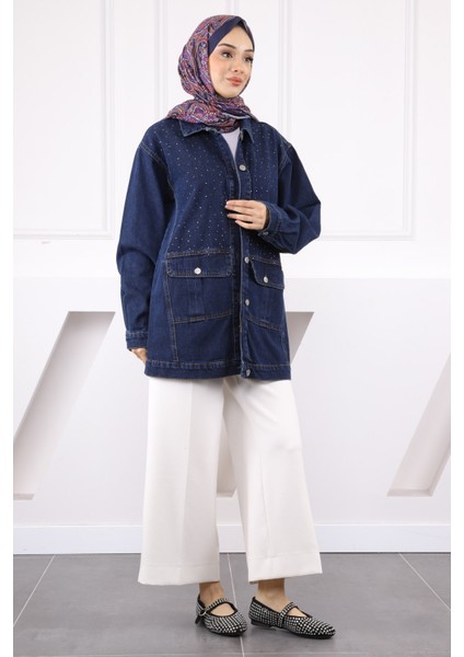 Koyu Mavi Taş Işlemeli Kot Ceket modelleri