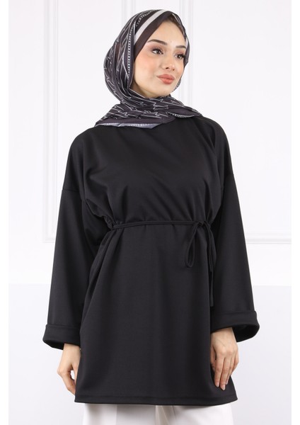 Siyah Beli Ipli Krep Tunik
