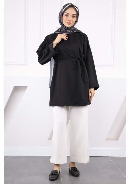 Siyah Beli Ipli Krep Tunik