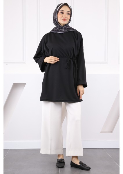Siyah Beli Ipli Krep Tunik