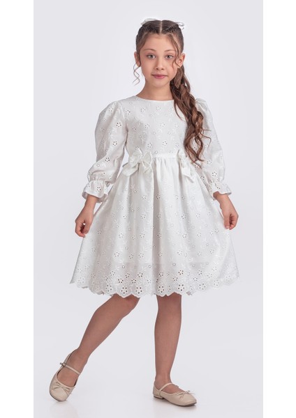 Kız Çocuk Uzun Kollu Kolları Lastikli Gupürlü Kurdele Detaylı Elbise ELB.2774