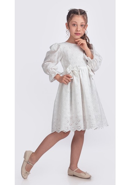 Kız Çocuk Uzun Kollu Kolları Lastikli Gupürlü Kurdele Detaylı Elbise ELB.2774 fiyatları