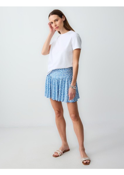 Mavi Rahat Kesim Normal Bel Çiçek Desenli Örme Mini Etek
