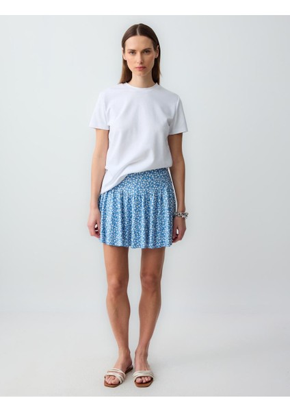 Mavi Rahat Kesim Normal Bel Çiçek Desenli Örme Mini Etek fiyatları
