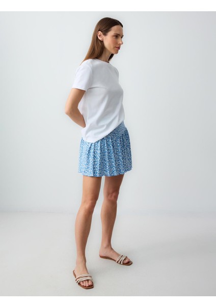 Mavi Rahat Kesim Normal Bel Çiçek Desenli Örme Mini Etek modelleri