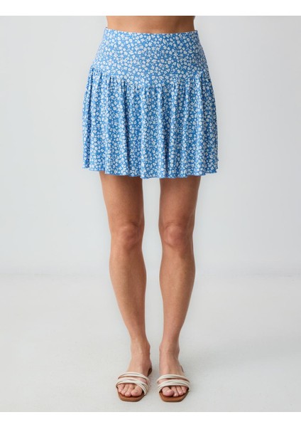 Mavi Rahat Kesim Normal Bel Çiçek Desenli Örme Mini Etek fırsatları