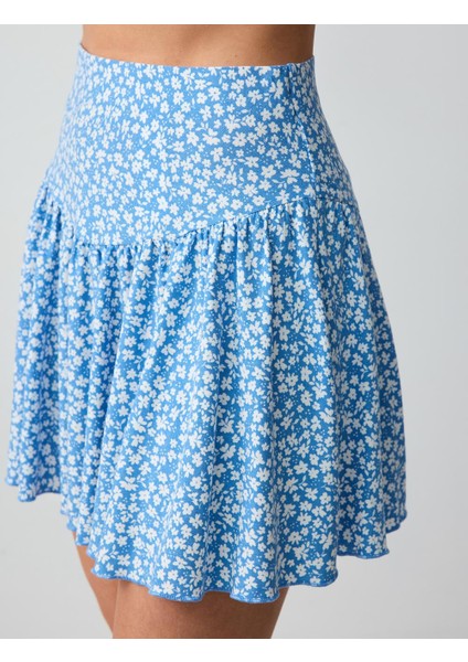 Mavi Rahat Kesim Normal Bel Çiçek Desenli Örme Mini Etek indirimleri