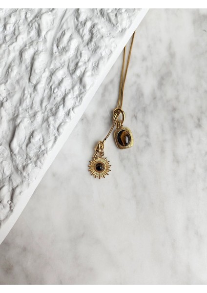 Çelik Doğal Taşlı Gold Charm Kolye