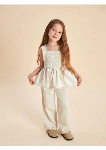 Lcw Kids Bej Keten Görünümlü Kız Çocuk Bluz ve Pantolon 2'li