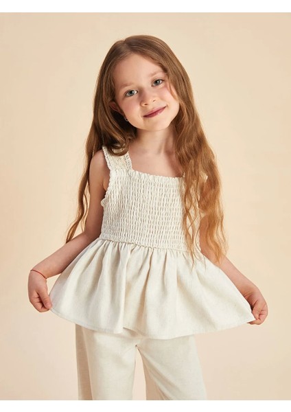 Lcw Kids Bej Keten Görünümlü Kız Çocuk Bluz ve Pantolon 2'li