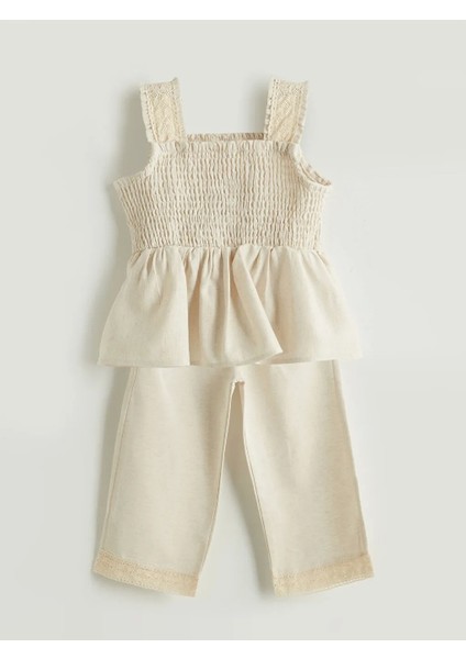 Lcw Kids Bej Keten Görünümlü Kız Çocuk Bluz ve Pantolon 2'li