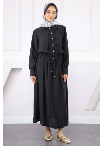 Siyah Önü Fırfırlı Modal Gömlek Etekli Takım