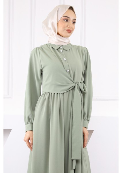 Haki Yan Bağlamalı Linda Elbise