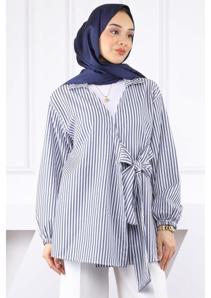 Beyaz Lacivert Çizgili Yan Bağlamalı Kimono