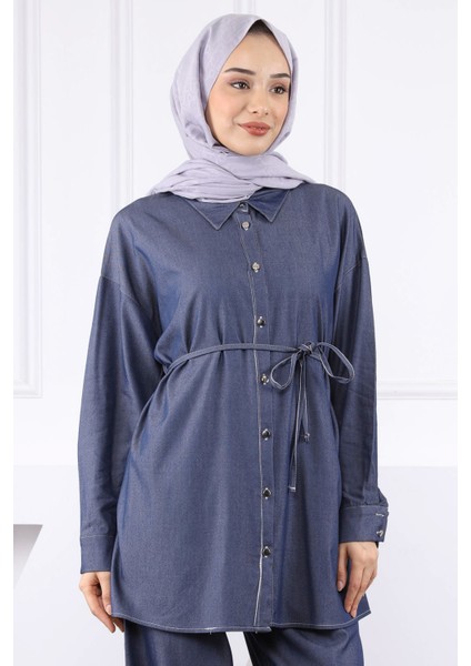 Lacivert Tensel Kot Tunik Pantolonlu Takım