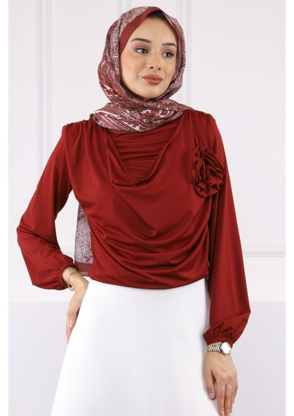 Bordo Gül Aksesuarlı Sandy Bluz