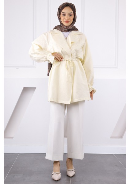 Ekru Kruvaze Yaka Önü Taşlı Ceket