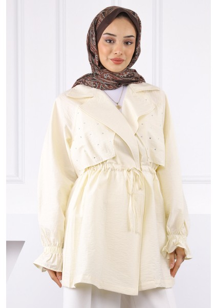 Ekru Kruvaze Yaka Önü Taşlı Ceket fiyatları