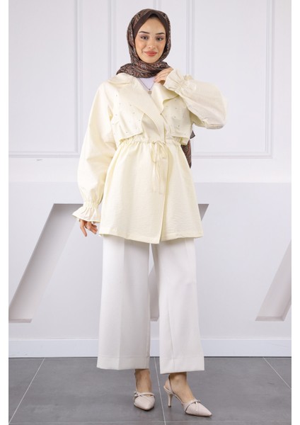Ekru Kruvaze Yaka Önü Taşlı Ceket modelleri