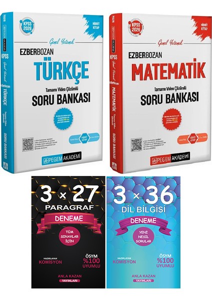 Pegem + Anla Kazan Kpss Ezberbozan Türkçe Matematik Soru Paragraf + Dil Bilgisi Deneme 4 Lü Set